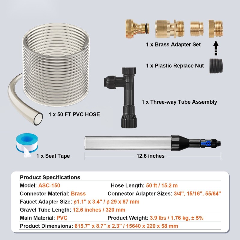 Akvaarion soranpuhdistaja vedenvaihtoon PVC-letku 15,2 m 3 messinkistä sovitinta