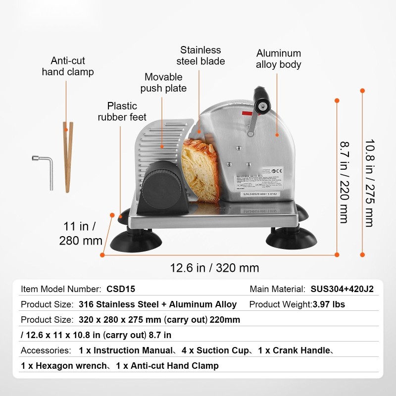 Käsikäyttöinen leipä ja juustoleikkuri säädettävä paksuus 0–6 tuumaa mikrohammastettu ruostumaton terä