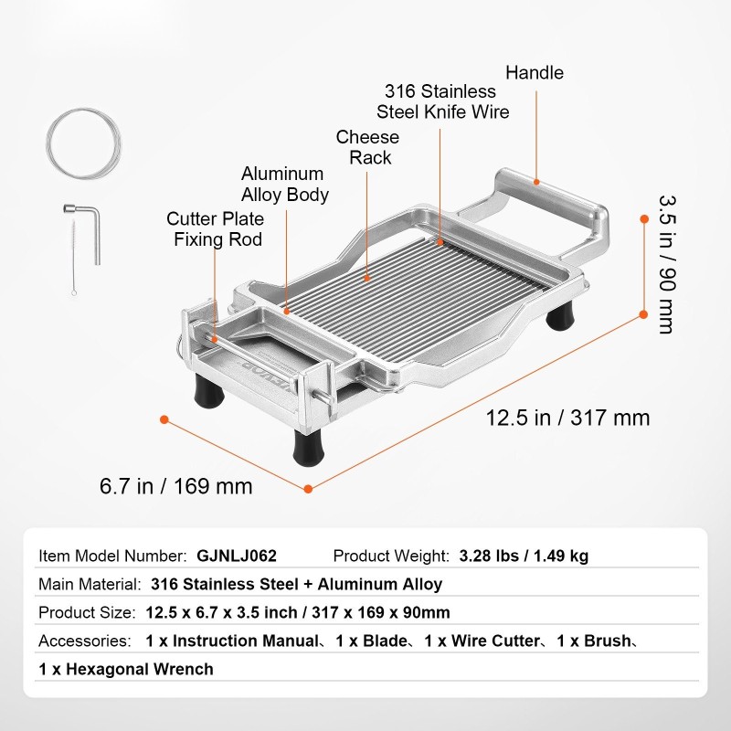 Juusto- ja leipäleikkuri 0,2 tuuman viipaleille alumiiniseosrunko 316 ruostumatonta terästä