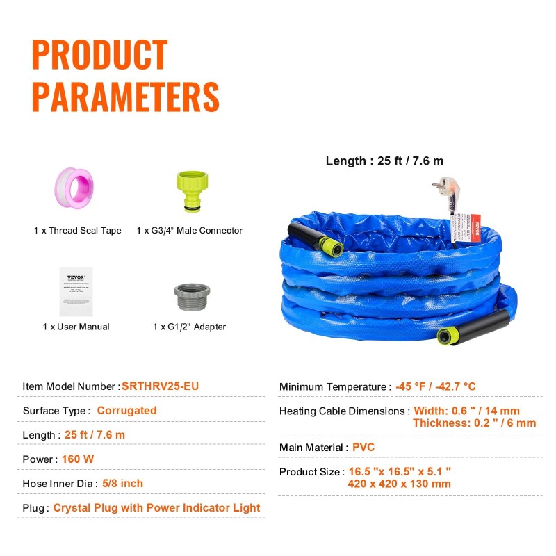 Lämmitettävä juomavesiletku 7,6 m lyijytön BPA-vapaa matkailuautoihin itsesäätyvä
