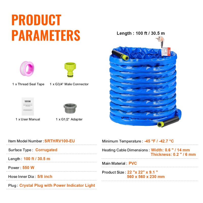 Lämmitettävä vesiletku 30,5 m 5/8 tuumaa 550 W juomavedelle talvikäyttöön
