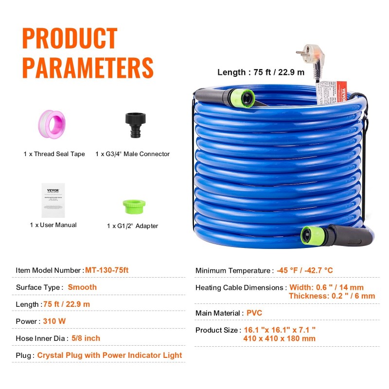 Lämmitetty juomavesiletku 22,9 m 5/8 tuuman sisähalkaisija -42,7 °C pikaliittimillä