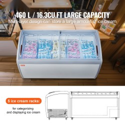 Jäätelön esillepanopakastin 460 L lasikannella 5 lankakorilla 2 liukuovella lukittavilla pyörillä