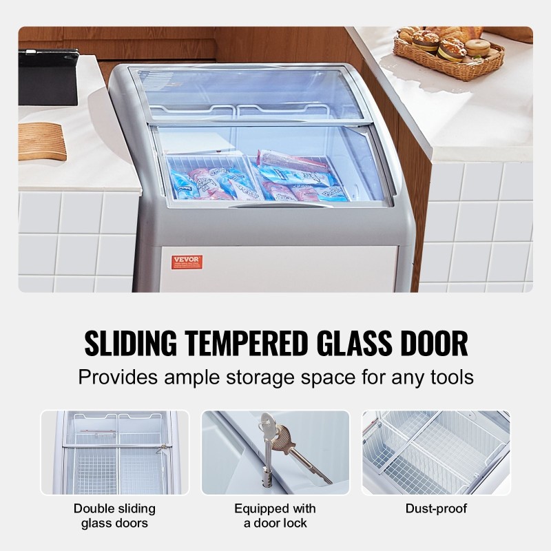 Jäätelövitriini 154 l valkoinen lasikansi 2 lankakoria 2 liukuovea lukittavat pyörät