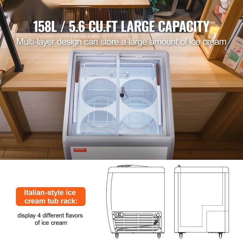 Kaupallinen jäätelövitriini 158 l 4 astiaa lasikansi 2 liukuovea lukittavat pyörät