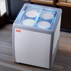 Kaupallinen jäätelövitriini 158 l 4 astiaa lasikansi 2 liukuovea lukittavat pyörät