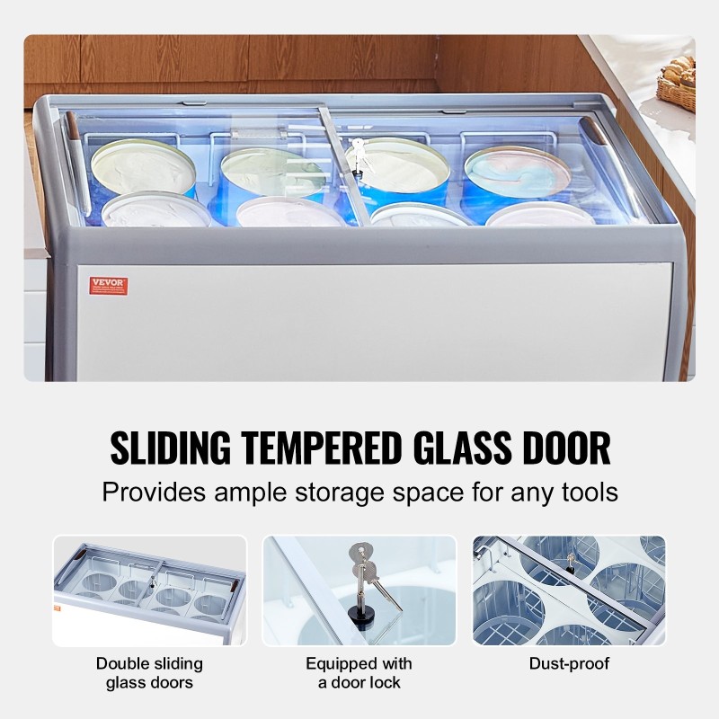 Jäätelövitriini 370 L 8 suurta allasta 2 liukuovea lukittavat pyörät valkoinen