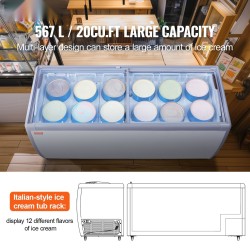 Kaupallinen jäätelöesittelykaappi 567 l teräsrunko 12 astiaa ravintoloihin lasiliukuovilla lukittavilla pyörillä