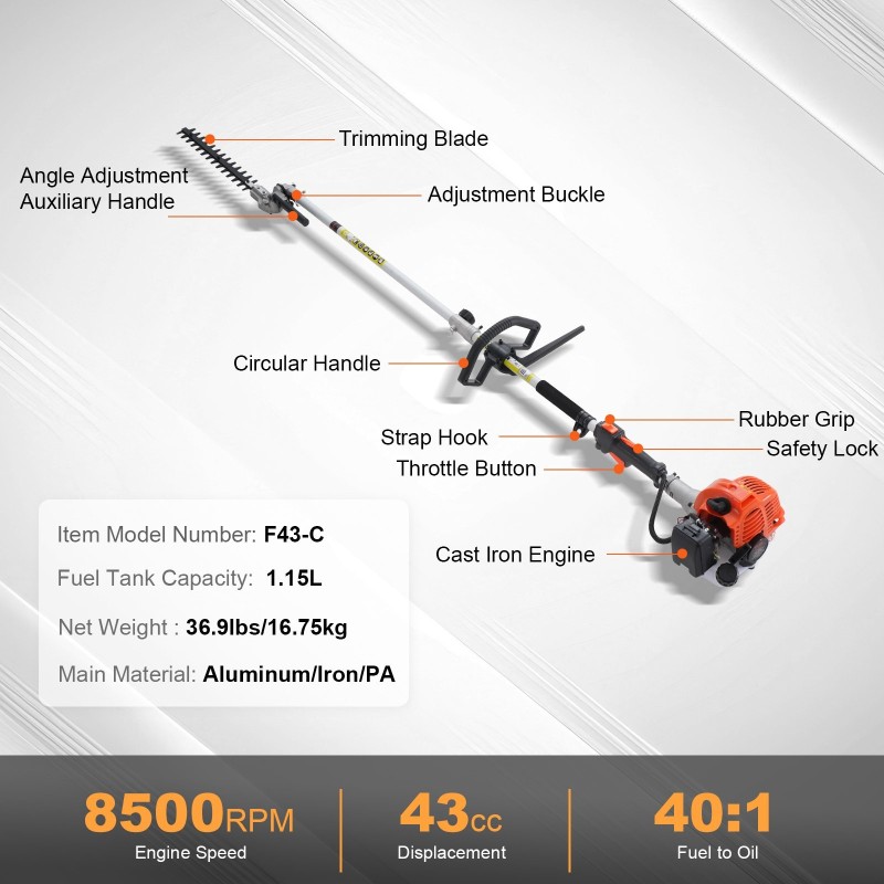 Bensakäyttöinen 43 cc monitoiminen puutarhatyökalu pensasleikkuri siimaleikkuri jatkovarrella