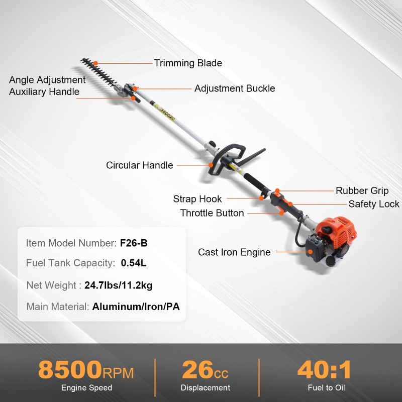 Pensasleikkuri bensiinikäyttöinen 26cc 2-tahtinen 15,7-tuumainen kaksipuolinen terä 270 asteen säädettävä pitkällä varrella