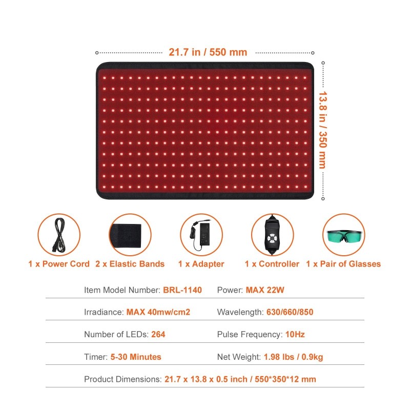 Punavalohoitomatto 550x350 mm 264 LED-valoa 630/660/850 nm ohjain