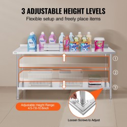 Ruostumattomasta teräksestä valmistettu ammattikeittiön työtaso 610×1829×914 mm säädettävällä alahyllyllä