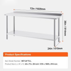 Ruostumattomasta teräksestä valmistettu ammattikeittiön työtaso 610×1829×914 mm säädettävällä alahyllyllä