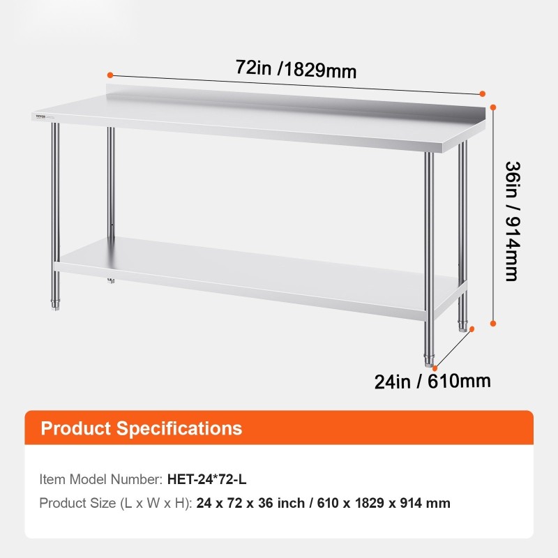 Ruostumattomasta teräksestä valmistettu ammattikeittiön työtaso 610×1829×914 mm säädettävällä alahyllyllä