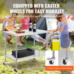 Ruostumaton terästyötaso 762x1219x954 mm 3 korkeustasoa 4 pyörää ammattikeittiöön