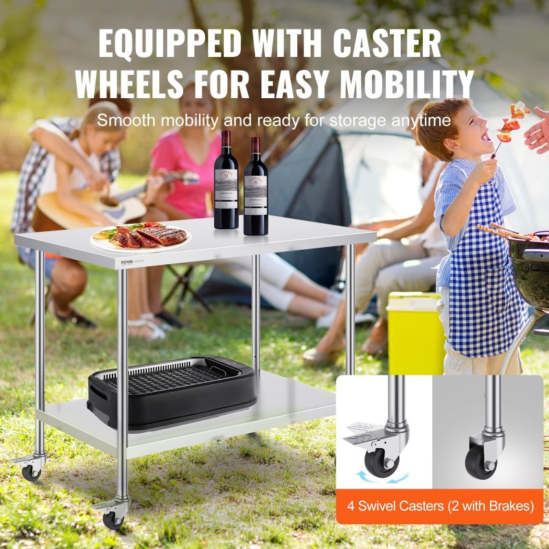 Ruostumaton terästyötaso 762x1219x954 mm 3 korkeustasoa 4 pyörää ammattikeittiöön