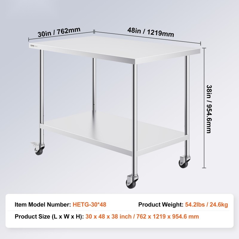 Ruostumaton terästyötaso 762x1219x954 mm 3 korkeustasoa 4 pyörää ammattikeittiöön