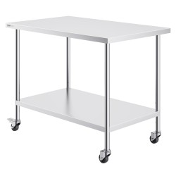 Ruostumaton terästyötaso 762x1219x954 mm 3 korkeustasoa 4 pyörää ammattikeittiöön