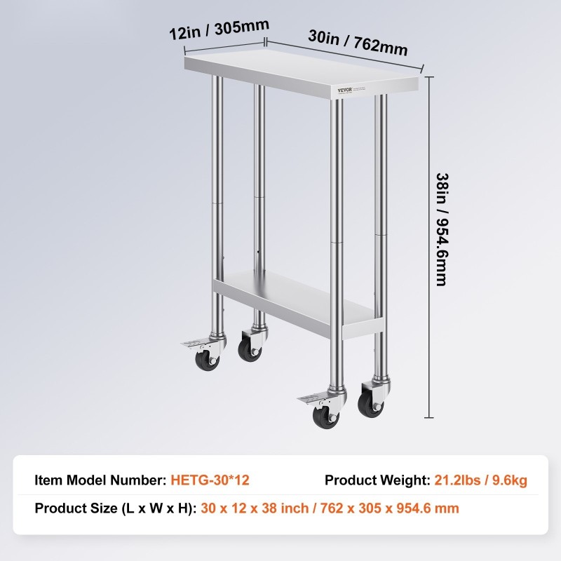 Ruostumaton työtaso 762×305×955 mm 4 pyörää 3 korkeustasoa ammattikeittiöön