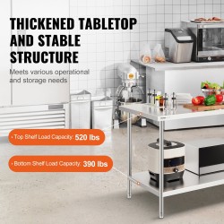 Työpöytä ruostumattomasta teräksestä 762×1524×864 mm 3-tasoinen hylly