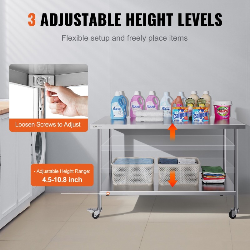 Ruostumaton terästyöpöytä 30×60×38 tuumaa 3 korkeustasoa 4 pyörää elintarvikekäyttöön