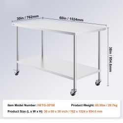 Ruostumaton terästyöpöytä 30×60×38 tuumaa 3 korkeustasoa 4 pyörää elintarvikekäyttöön