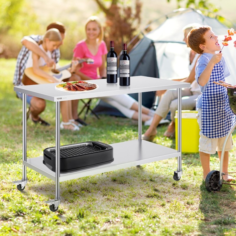 Ruostumaton terästyöpöytä 30×60×38 tuumaa 3 korkeustasoa 4 pyörää elintarvikekäyttöön