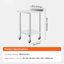 Ruostumaton teräs työtaso 61x61x100,6 cm säädettävällä hyllyllä ja pyörillä