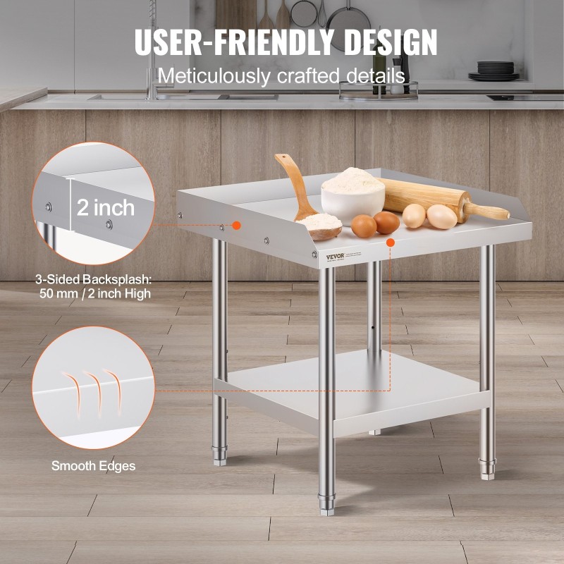 Ruostumaton teräs työtaso 610×610×660 mm 3-sivuinen roiskelista säädettävä hylly