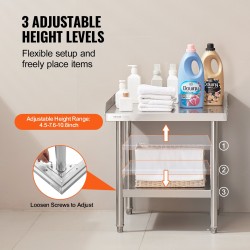 Ruostumaton teräs työtaso 610×610×660 mm 3-sivuinen roiskelista säädettävä hylly