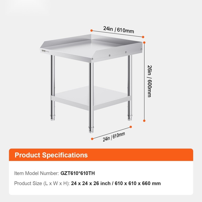 Ruostumaton teräs työtaso 610×610×660 mm 3-sivuinen roiskelista säädettävä hylly