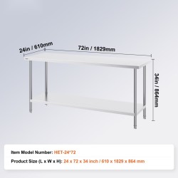 Ruostumattomasta teräksestä tehty työpöytä 610x1829x864 mm säädettävä alataso kolme tasoa