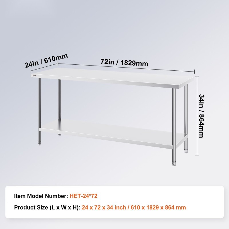 Ruostumattomasta teräksestä tehty työpöytä 610x1829x864 mm säädettävä alataso kolme tasoa