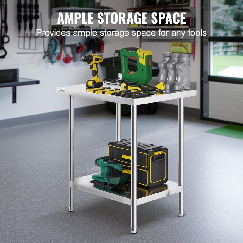 Työtaso ruostumatonta terästä 610 x 762 x 914 mm säädettävällä korkeudella elintarvikekäyttöön