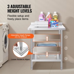 Työtaso ruostumatonta terästä 610 x 762 x 914 mm säädettävällä korkeudella elintarvikekäyttöön