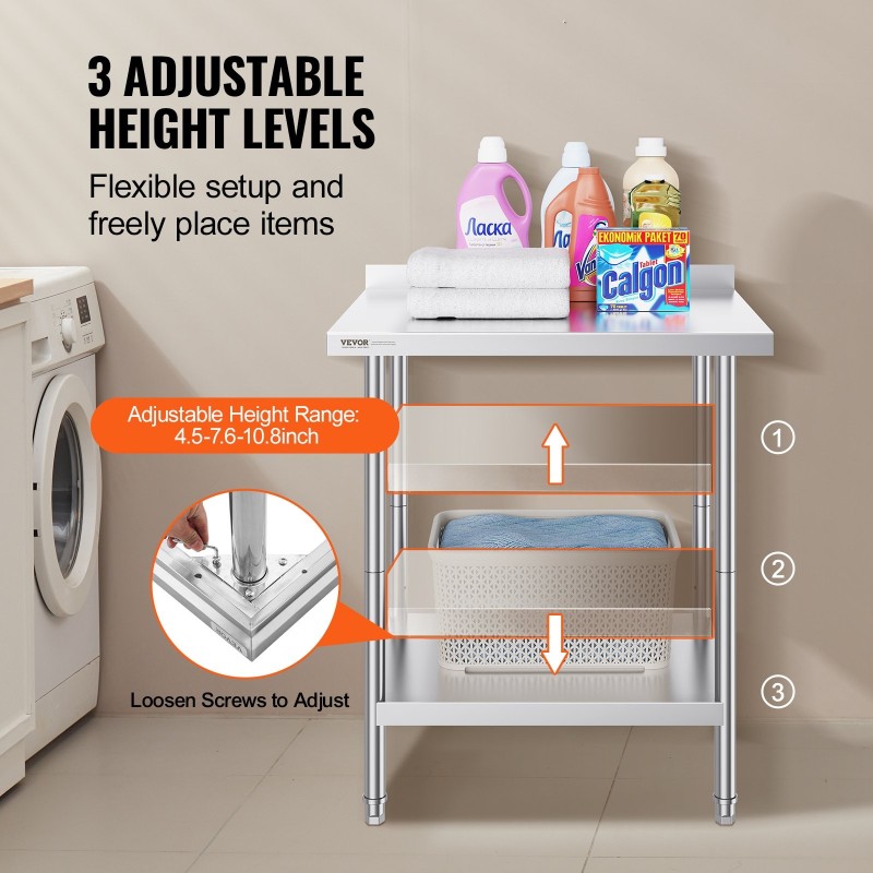 Työtaso ruostumatonta terästä 610 x 762 x 914 mm säädettävällä korkeudella elintarvikekäyttöön