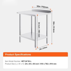 Työtaso ruostumatonta terästä 610 x 762 x 914 mm säädettävällä korkeudella elintarvikekäyttöön