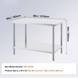 Työpöytä ruostumattomasta teräksestä 762 x 1219 x 864 mm 3-tasoinen alahylly