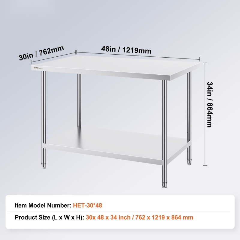Työpöytä ruostumattomasta teräksestä 762 x 1219 x 864 mm 3-tasoinen alahylly