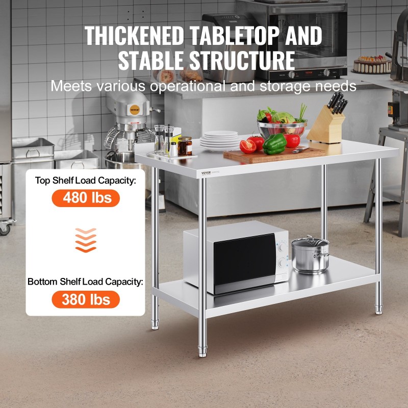 Työtaso ruostumattomasta teräksestä 610 x 1219 x 914 mm ammattikeittiöön säädettävällä hyllyllä