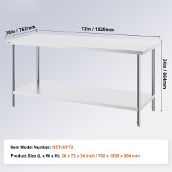 Ruostumaton teräspöytä 30x72x34 tuumaa kolmitasoisella hyllyllä keittiöön