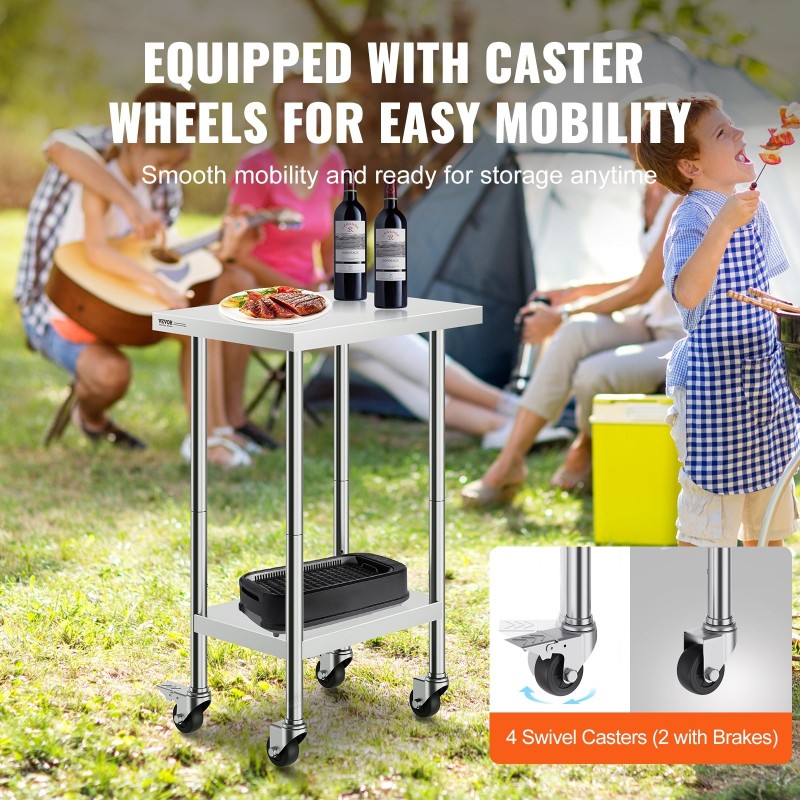 Ruostumaton terästyötaso 610×457×954 mm kolmitasoinen alahylly 4 pyörää elintarvikekäyttöön