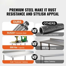 Ruostumaton terästyötaso 61 x 38 x 101 cm säädettävällä hyllyllä ja pyörillä