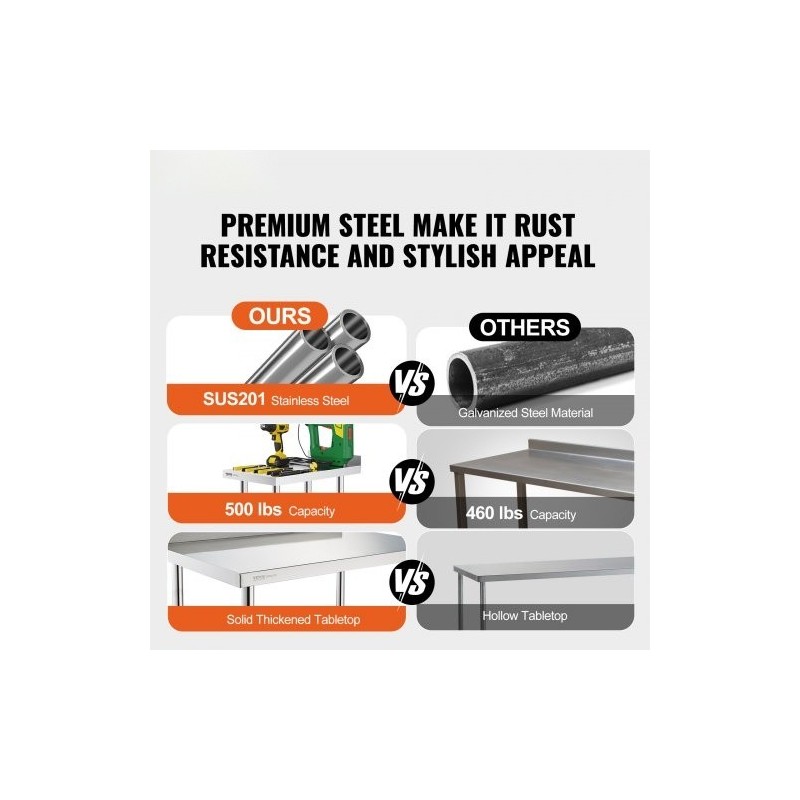 Ruostumaton terästyötaso 61 x 38 x 101 cm säädettävällä hyllyllä ja pyörillä