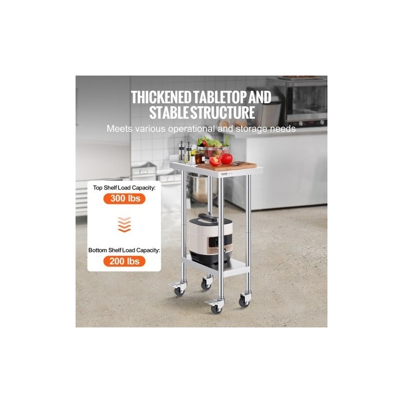 Ruostumaton terästyötaso 61 x 38 x 101 cm säädettävällä hyllyllä ja pyörillä