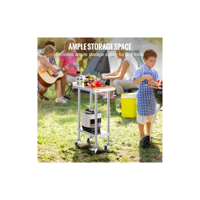 Ruostumaton terästyötaso 61 x 38 x 101 cm säädettävällä hyllyllä ja pyörillä