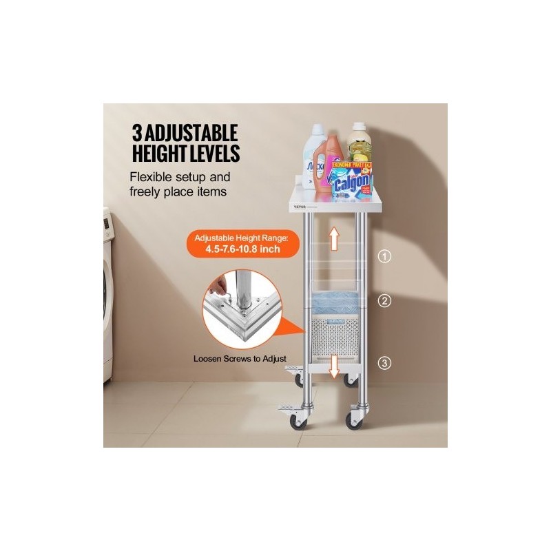 Ruostumaton terästyötaso 61 x 38 x 101 cm säädettävällä hyllyllä ja pyörillä