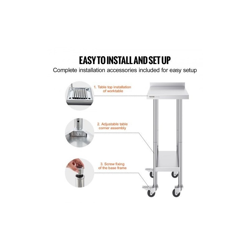 Ruostumaton terästyötaso 61 x 38 x 101 cm säädettävällä hyllyllä ja pyörillä