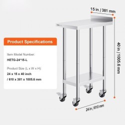Ruostumaton terästyötaso 61 x 38 x 101 cm säädettävällä hyllyllä ja pyörillä