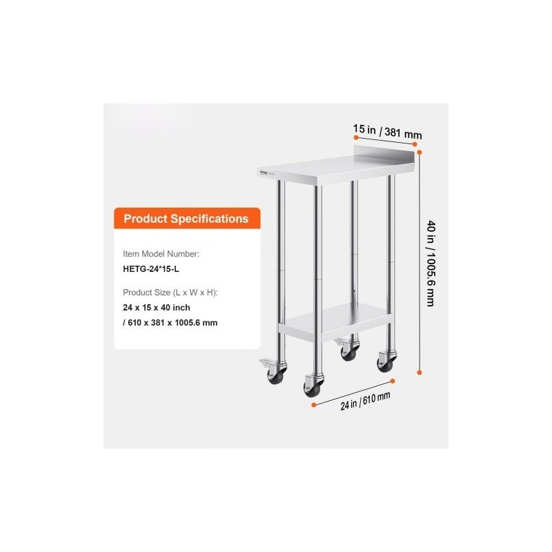 Ruostumaton terästyötaso 61 x 38 x 101 cm säädettävällä hyllyllä ja pyörillä